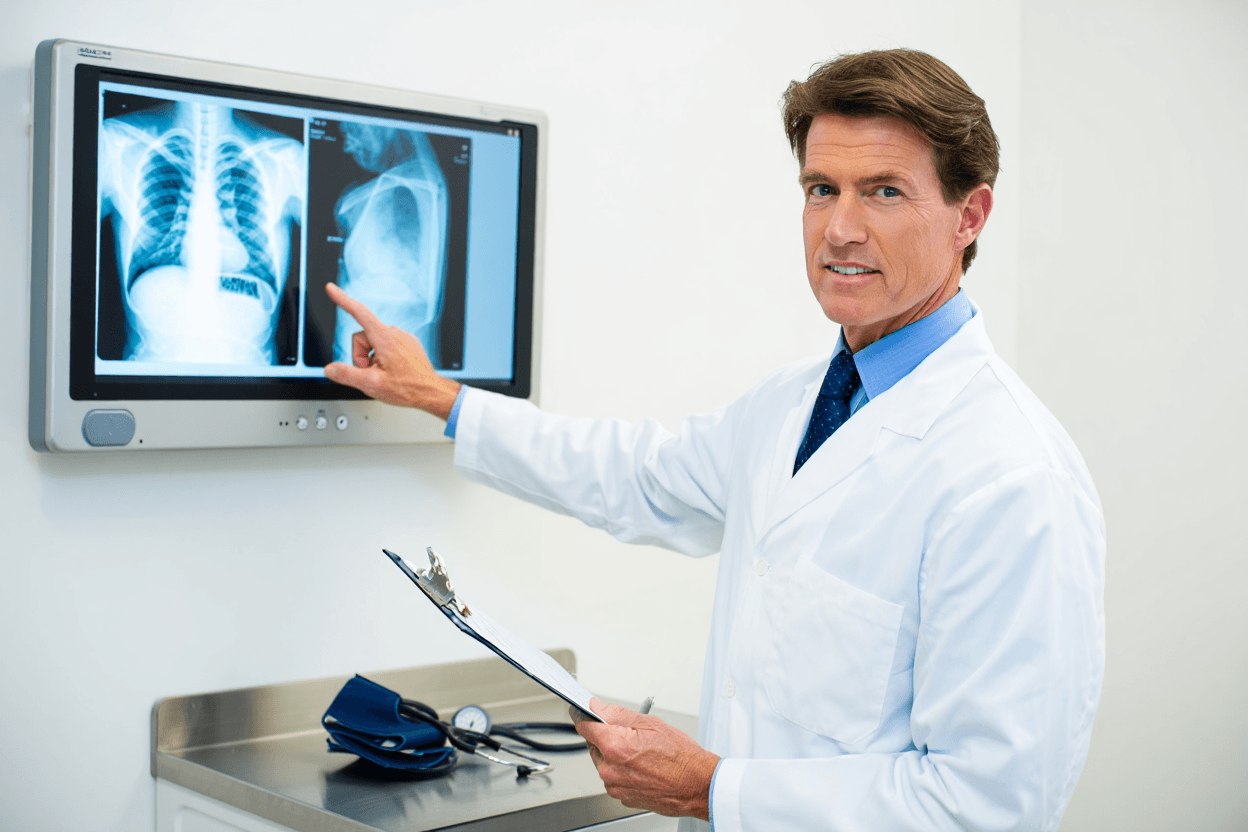 A doctor reviewing chest X-rays representing smoke inhalation injury