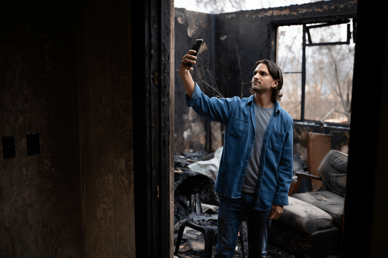 A homeowner documenting fire damage with a smartphone