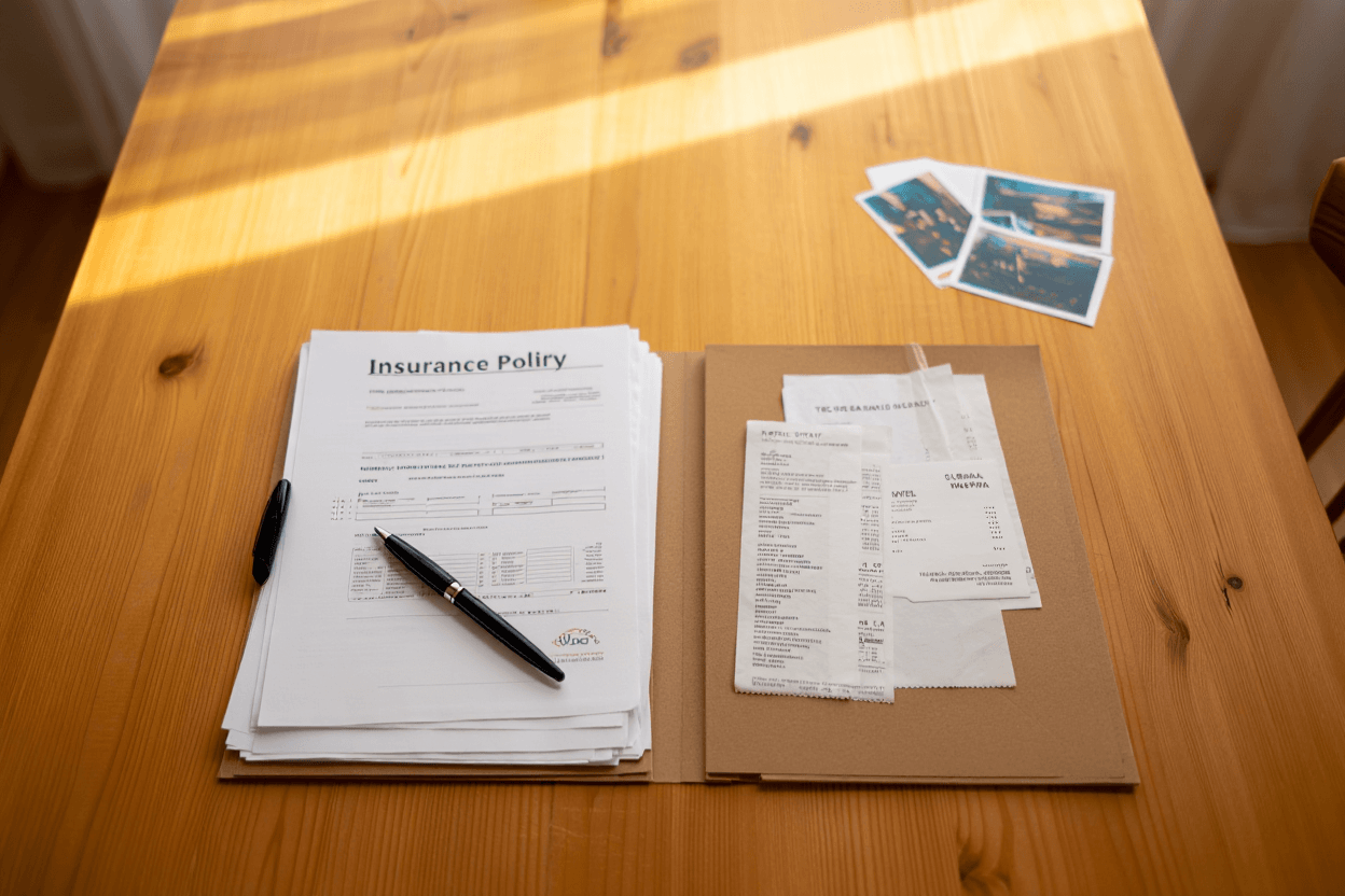 Insurance documents and receipts organized for a wildfire claim