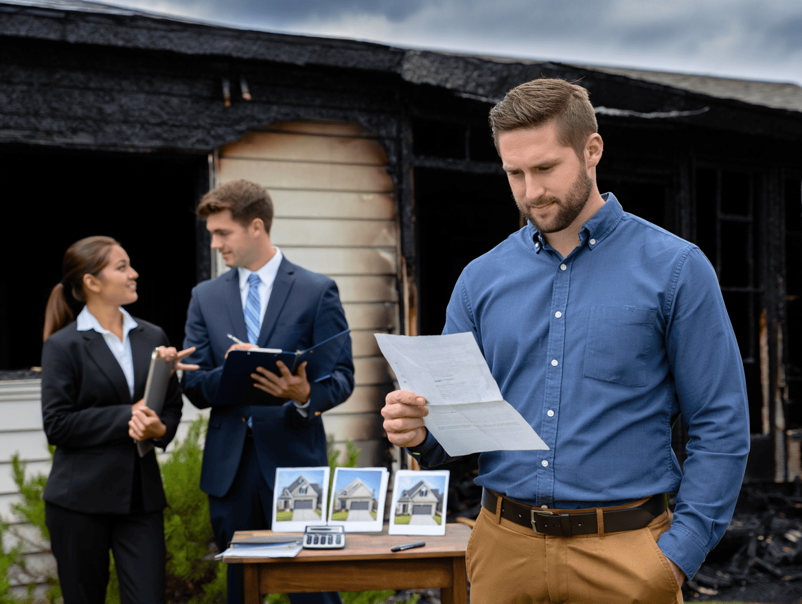 Frustrated homeowner reviewing a fire and smoke insurance claim