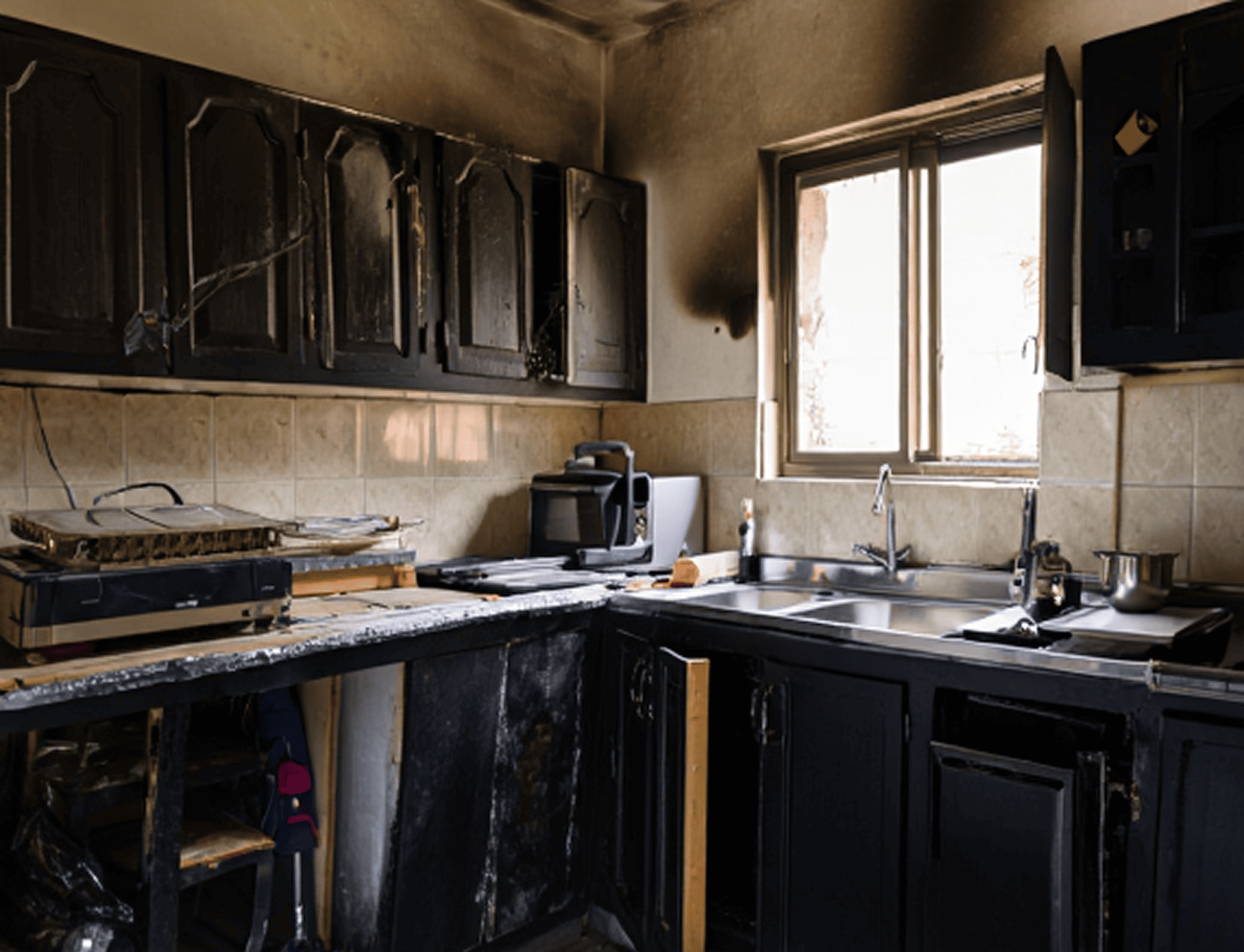 Fire damage scenario showing structural damage